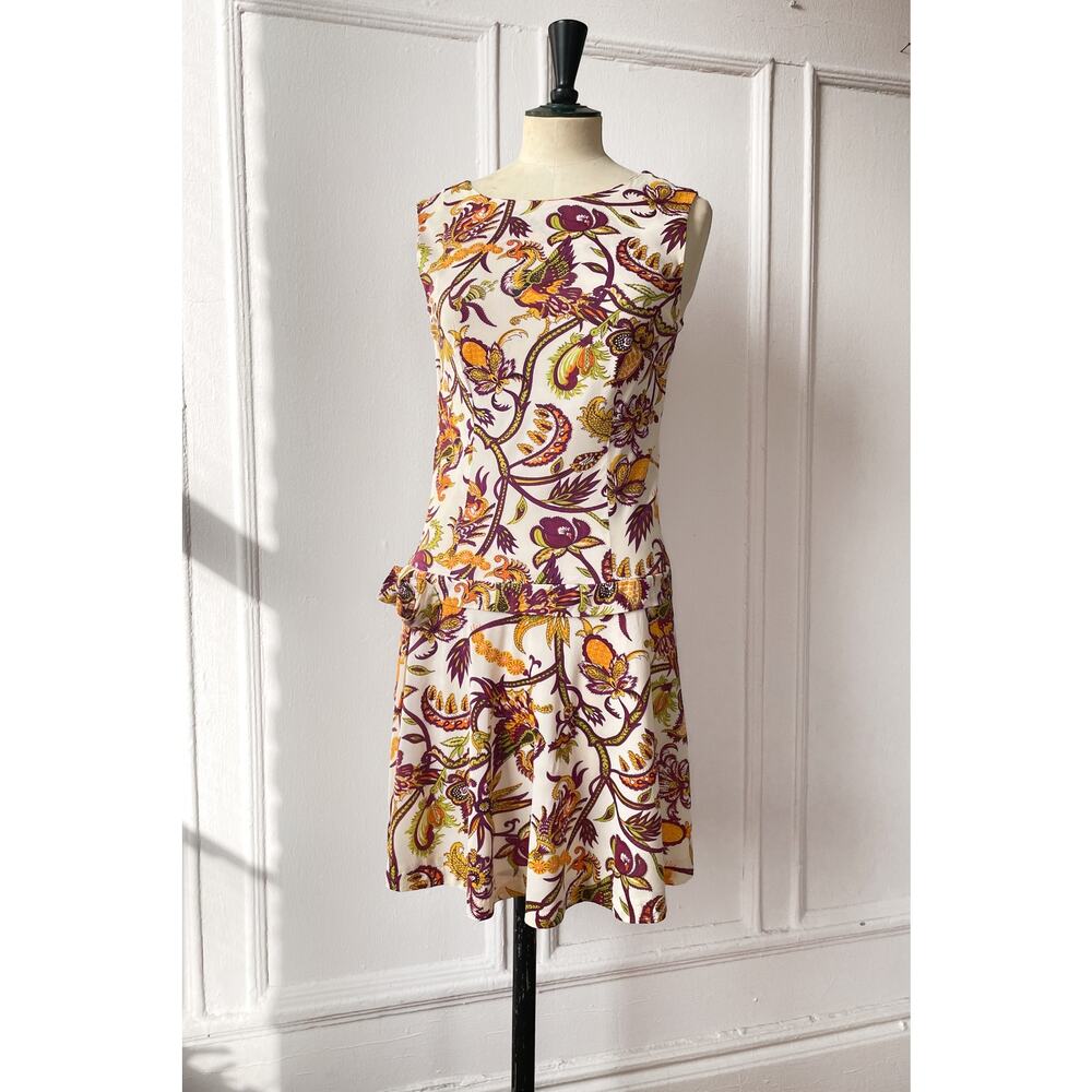 60s 70s VTG Paisley Firebird Print Floral Mini Dress Drop Waist A-Line Floral